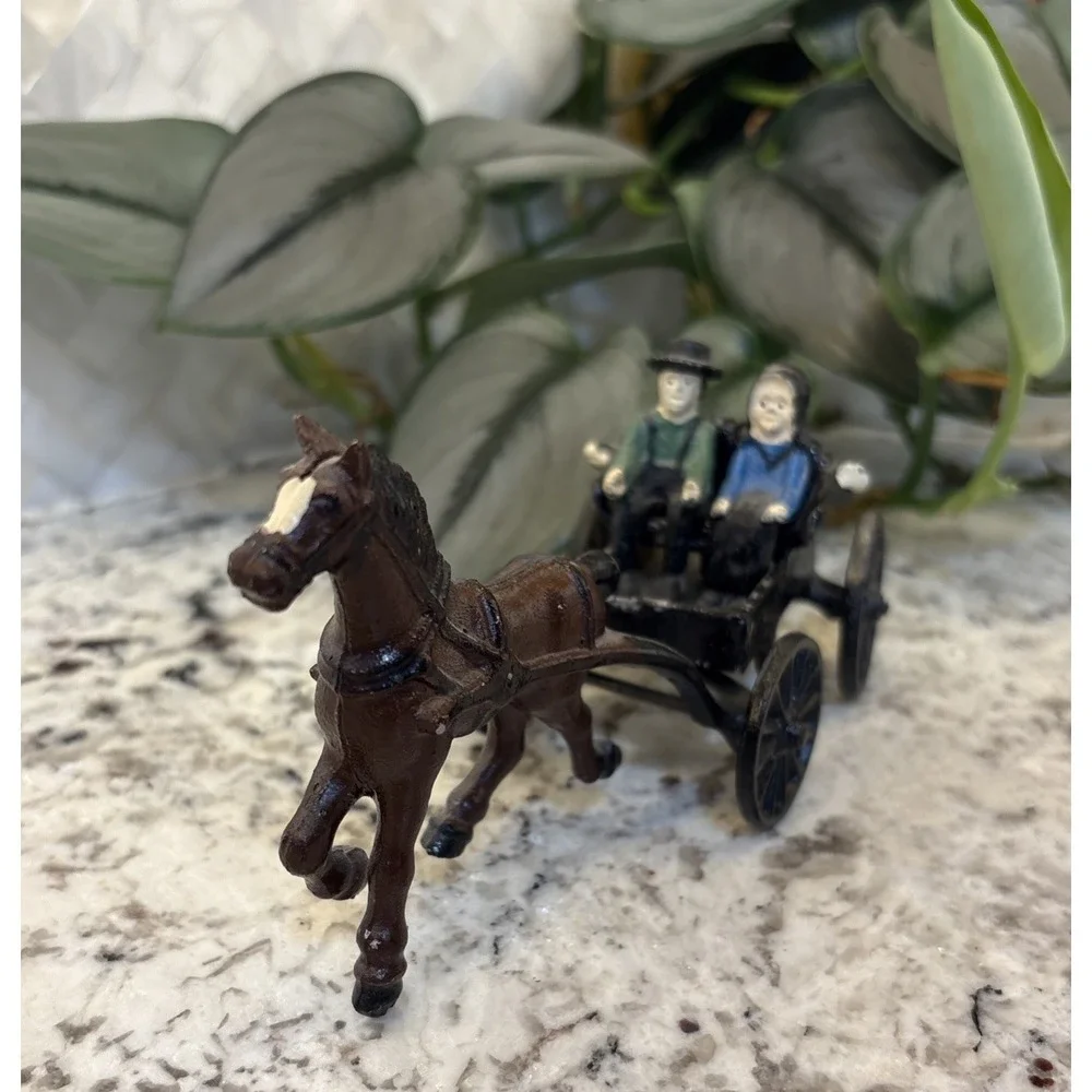 Four Piece Vintage #sm19 Amish Lancaster Cast Iron Horse Drawn Carriage & Riders
